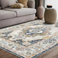 Porto Blue 5 ft. 3 ft. x 7 ft. 6 in. Oriental Polypropylene Area Rug by Abani -Abani Sales blue abani area rugs prt180a 5 31 1000