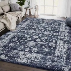 Troy Navy 5 ft. 3 ft. x 7 ft. 6 in. Oriental Polypropylene Area Rug by Abani -Abani Sales navy abani area rugs try120a 5 31 1000